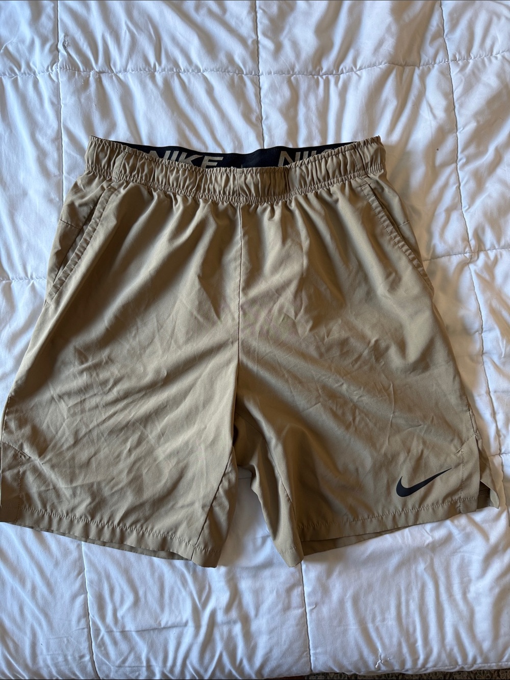 Nike Men’s Tan Athletic Shorts with Black Swoosh